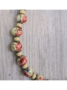 Vintage Ceramic Bead Hand Painted Rose Floral Necklace Barrel Clasp Valentines